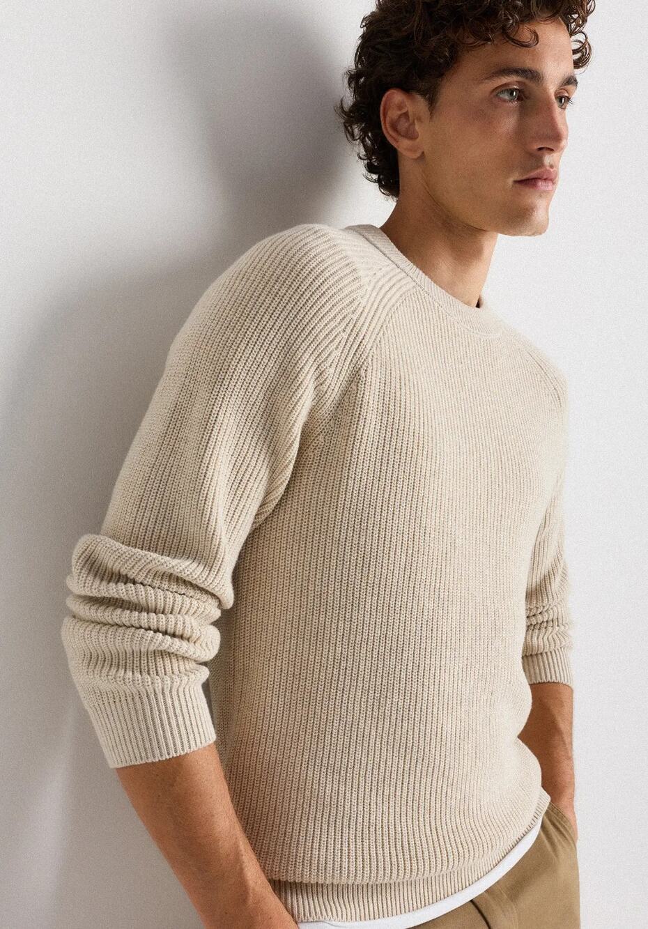 Quince men's 100% cotton ribbed stitch crewneck sweater speckled beige